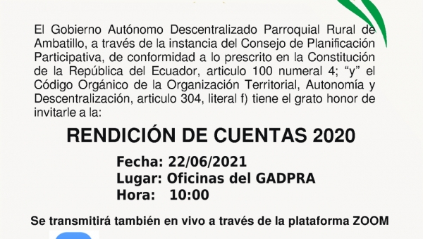Invitación al proceso de Rendiciòn de Cuentas 2020